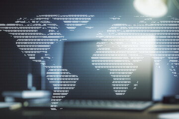 Abstract creative digital world map on modern computer background, globalization concept. Multiexposure