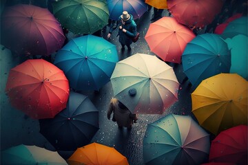  a group of people standing around with umbrellas in the rain, looking down at them, from above, in a crowd of people with umbrellas.  generative ai