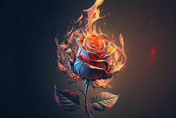 bright flamy symbol red rose  on the black background,generative ai.