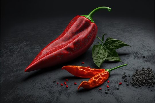  a red chili pepper and a green pepper on a black surface with a black background and a red chili pepper on the left side of the pepper.  generative ai