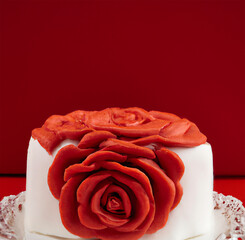 Lovely Treat: A Picture of a Valentine's Day-themed Red Rose and Cream Detailed White Cake. Generative AI