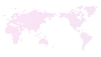 Asia centered world map made of pink hearts on white background. 4k resolution.