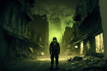 Fototapeta na wymiar Surviving the Apocalypse - A Night Vision View of a Deserted Zombie Town .