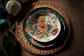  a plate with a flower painted on it sitting on a basket next to a flower arrangement of flowers and candles on a table cloth covered table.  generative ai