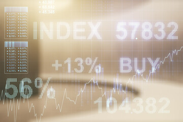 Multi exposure of virtual abstract financial diagram on abstract empty interior background, banking and accounting concept