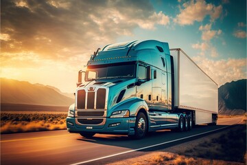  a semi truck driving down a highway with a sunset in the background and clouds in the sky above it, with a mountain range in the background.  generative ai