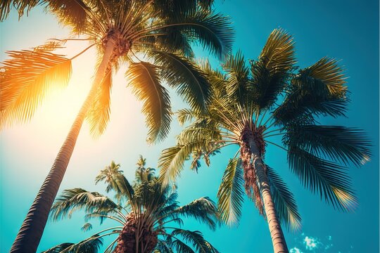  a group of palm trees with the sun shining through them and a blue sky in the background with clouds and sun flares through the palm trees.  generative ai