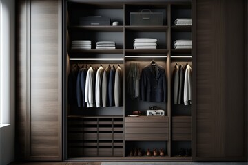  a closet with a lot of clothes and shoes on it and a door open to a closet with a lot of clothes and shoes on it.  generative ai