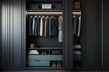  a closet with a lot of clothes hanging on it's walls and a shelf with shoes and a purse on it's chest.  generative ai