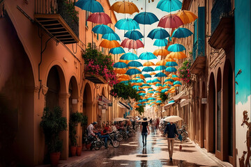  a street with many umbrellas hanging from the ceiling and people walking down the street with bikes parked on the side of the street and people walking on the sidewalk.  generative ai - obrazy, fototapety, plakaty