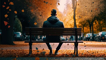 Man On Park Bench in Fall With Autumn Leaves Falling Down. Generative AI.