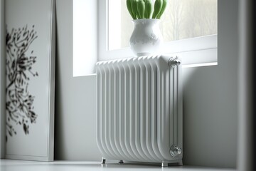  a radiator with a vase of flowers on the window sill next to it and a picture of a plant in the window.  generative ai