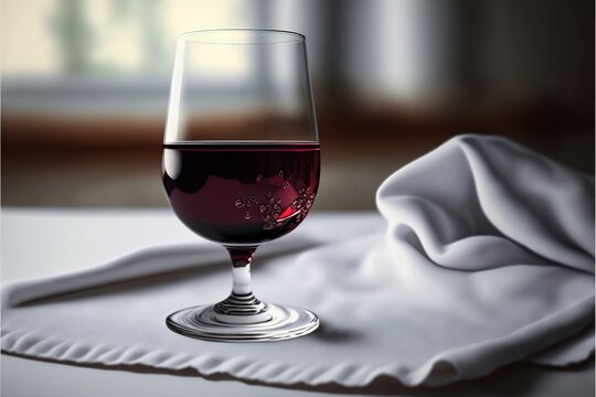  a glass of wine sitting on top of a white cloth covered table cloth on a table top with a window in the background and a white cloth on the floor.  generative ai