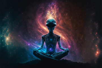 An alien in the cosmos meditating, surrounded by powerful and strong auras