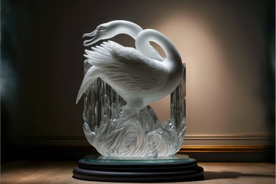  a glass sculpture of a swan on a pedestal in a room with a light on the wall behind it and a lamp on the wall.  generative ai