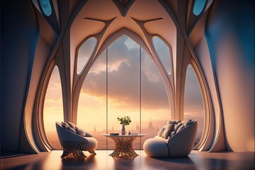  a room with a table and two chairs and a vase with a plant in it and a window with a view of the sky and a city.  generative ai