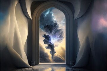  a painting of a window with a sky background and clouds in the background, and a painting of a flower in the foreground, with a reflection of a sky.  generative ai
