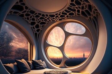  a bedroom with a large window and a view of the sky outside of it at sunset or dawn or dawn or dawn or dawn or dawn.  generative ai