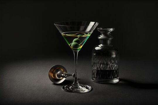  A Martini Glass Next To A Decanter On A Table With A Bottle Of Liquor In It And A Decanter On The Floor.  Generative Ai