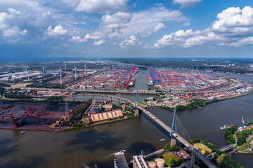 Aerial view over the Koehlbrand bridge and the port in Hamburg