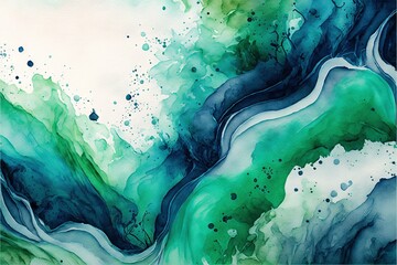  a painting of a green and blue wave with bubbles and bubbles on it's surface, with a white background and a blue frame.  generative ai