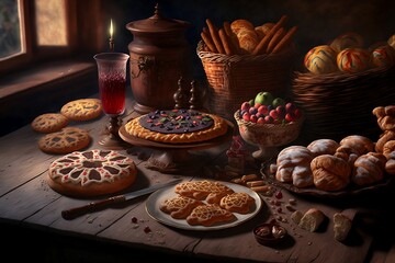 Naklejka premium pastry table full of bread and sweets, generative AI, bread, wheat, baguette, the bakery