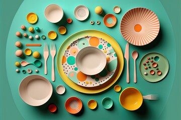 Obraz premium a table with a plate, bowl, spoons, and plates on it, all in different colors and shapes, with a green background. generative ai