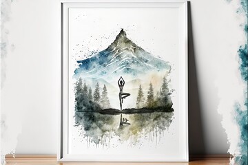  a painting of a mountain with a lake and a lamppost in the foreground and a forest in the background with watercolor splashes.  generative ai