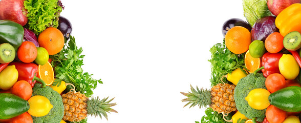 Set of vegetables and fruits isolated on white .Wide photo. Collage. Free space for text.