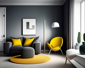 modern living room, block couches in grey, a swing chair and brighter lemon light.
