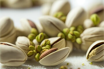 Fototapeta na wymiar a pile of pistachio nuts with some pistachio seeds on top of them and some pistachio seeds on the bottom. generative ai