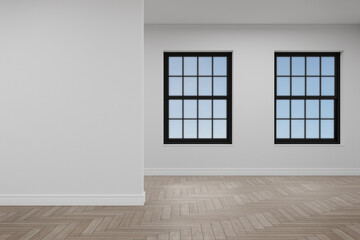 Empty white wall with window. 3d rendering of interior living room with sky background.