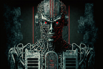 Evil artificial intelligence, robot metallicfigure, science fiction. Generative AI