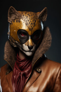 Cheetah Warrior in mask wearing formal leather costume suit 