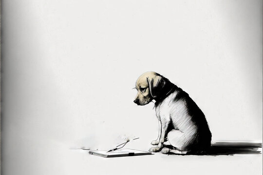 a dog sitting on the ground with a book in its paws and a signature written on the side of the picture to the dog's left.  generative ai