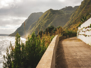Walkway by the ocean on San Miguel island in the Azores Portugal. 