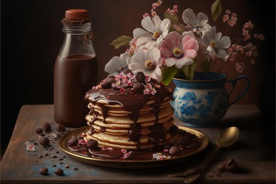  a painting of a stack of pancakes with chocolate sauce and flowers on a plate next to a bottle of syrup and a spoon and a glass of milk.  generative ai