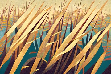  a painting of a marshland scene with tall grass and water in the background with a sky background and a yellow sky above the water.  generative ai