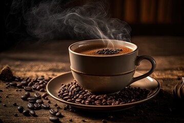 Fototapeta premium Cup of Coffee with Fresh Beans on a Wooden Table