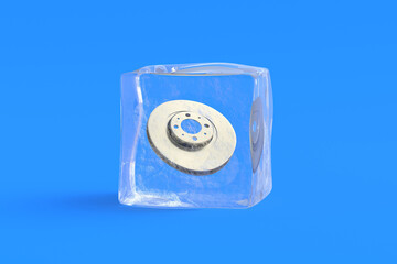 Brake disc in ice cube. 3d illustration