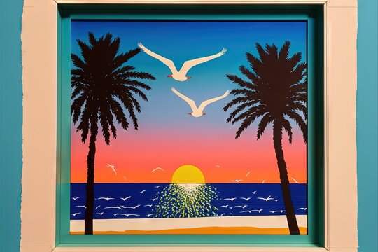  a painting of a beach scene with palm trees and a bird flying over the water at sunset with a bird flying over the water and a beach.  generative ai