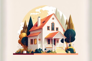  a house with a red roof surrounded by trees and bushes and a yellow sky with clouds and sun behind it, with a white house with red roof.  generative ai
