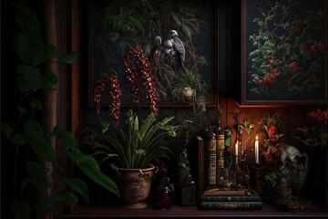  a painting of a bird in a dark room with plants and books on a shelf with candles and candlesticks on it and a skull on the wall.  generative ai