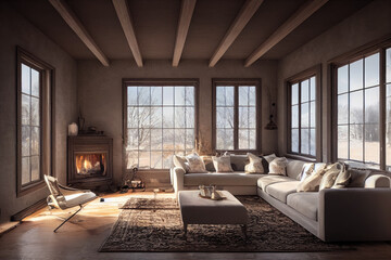 Fototapeta na wymiar Beautiful Cozy Modern Farmhouse Interior with Fireplace and Wood Beams Made with Generative AI