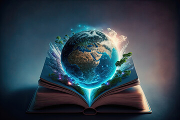 ai midjourney generative illustration of the world over a book, symbol for the knowledge of the world