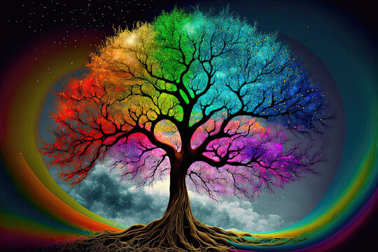 fantasy illustration of a beautiful rainbow colored tree  in the night