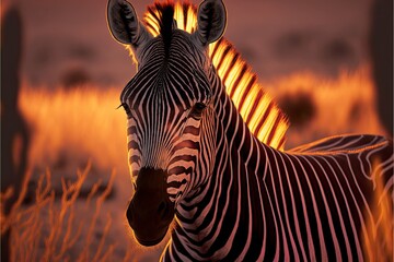 Obraz premium A close-up shot of a single zebra at sunset, with the focus on the animal's expressive face and the intricate patterns of its stripes. The image highlights the beauty of the zebra. Generative AI.
