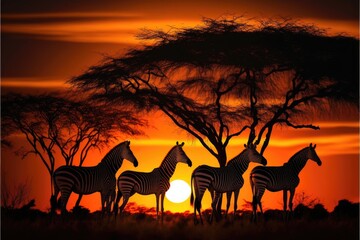 A low-angle view of a group of zebras at sunset, with the focus on the animals' silhouettes as they stand out against the warm and vibrant colors of the sunset sky. Generative AI
