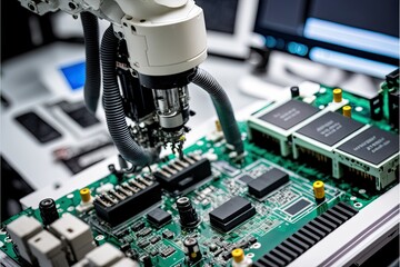 Robotic arm assembling electronic components on a circuit board in a clean room environment. Generative AI.