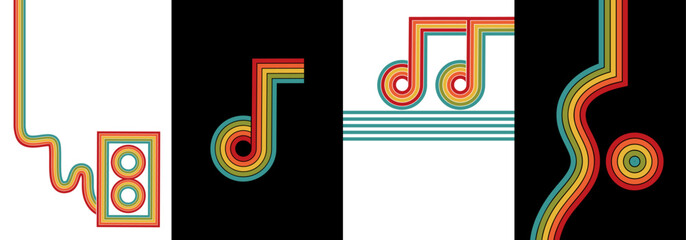 70s music poster set with guitar, musical notes, cassette tape. Disco music event. Retro party. Simple geometric hand drawn vector illustration